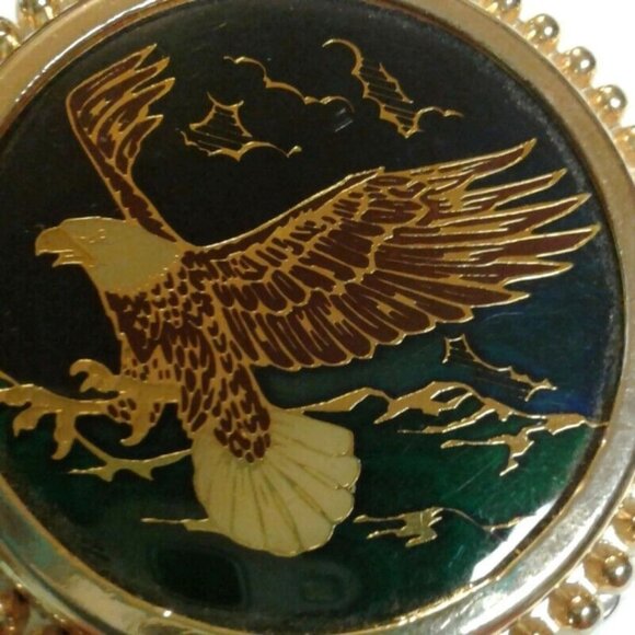 Belt Buckle Bald Eagle in Flight Bezel Gold Green Enamel - Picture 6 of 8